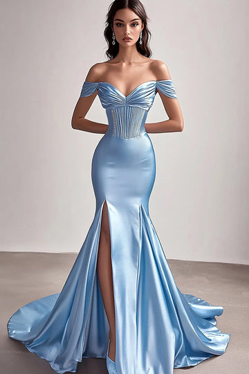 Sky Blue Off The Shoulder Mermaid Corset Satin Long Formal Dress